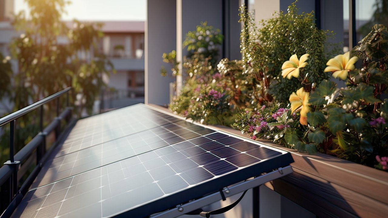 Solar Panels on a Lush Balcony Garden A solar panel on a balcony surrounded by various plants and flowers, with a blurred background of a building.