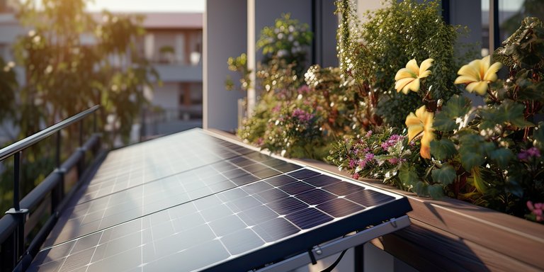 Solaranlage auf einem Balkon mit Blumenbeet Ein Balkon mit Solarpanelen und bunten Blumen in Töpfen, im Hintergrund sind Gebäude sichtbar.