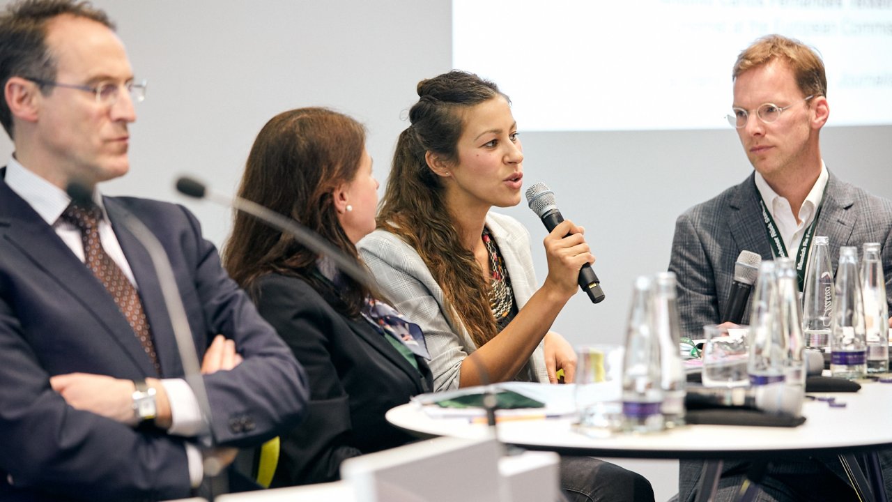 Ayeb-Karlsson (middle), in discussion with moderator Andreas Unger (right) considers women in emerging countries especially vulnerable when disasters strike.