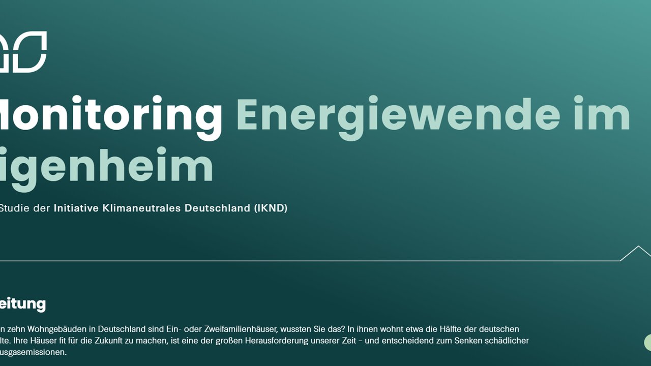 Ein Titelbild mit dem Text "Monitoring Energiewende im Eigenheim" und Informationen zur Studie der IKND.