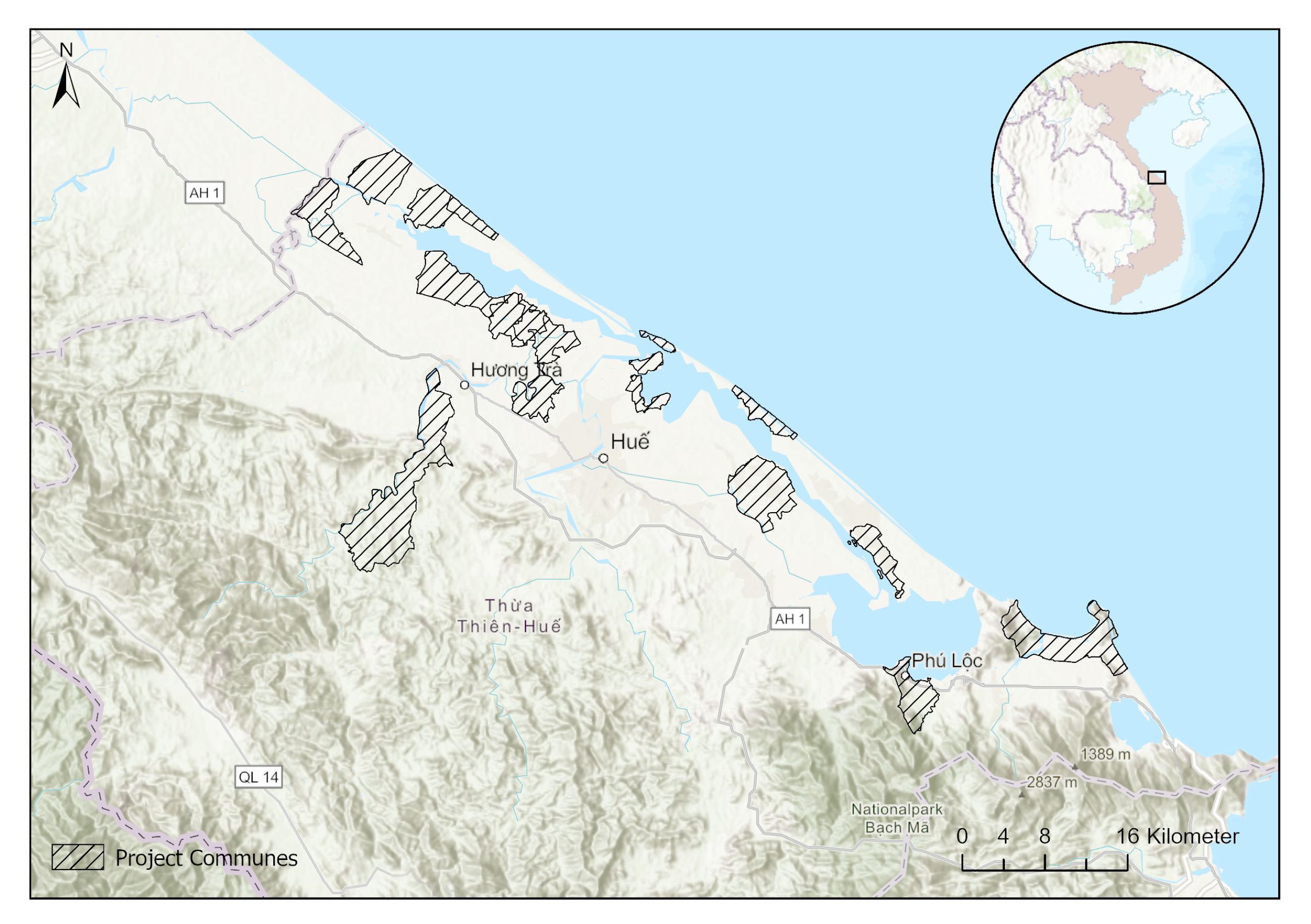 A detailed map highlights the coastal region near Huế, Vietnam, featuring shaded areas indicating project communes. Key landmarks include rivers and roads, with a scale bar for distance reference. An inset map shows the broader geographic context. The north is oriented at the top, aiding navigation.
