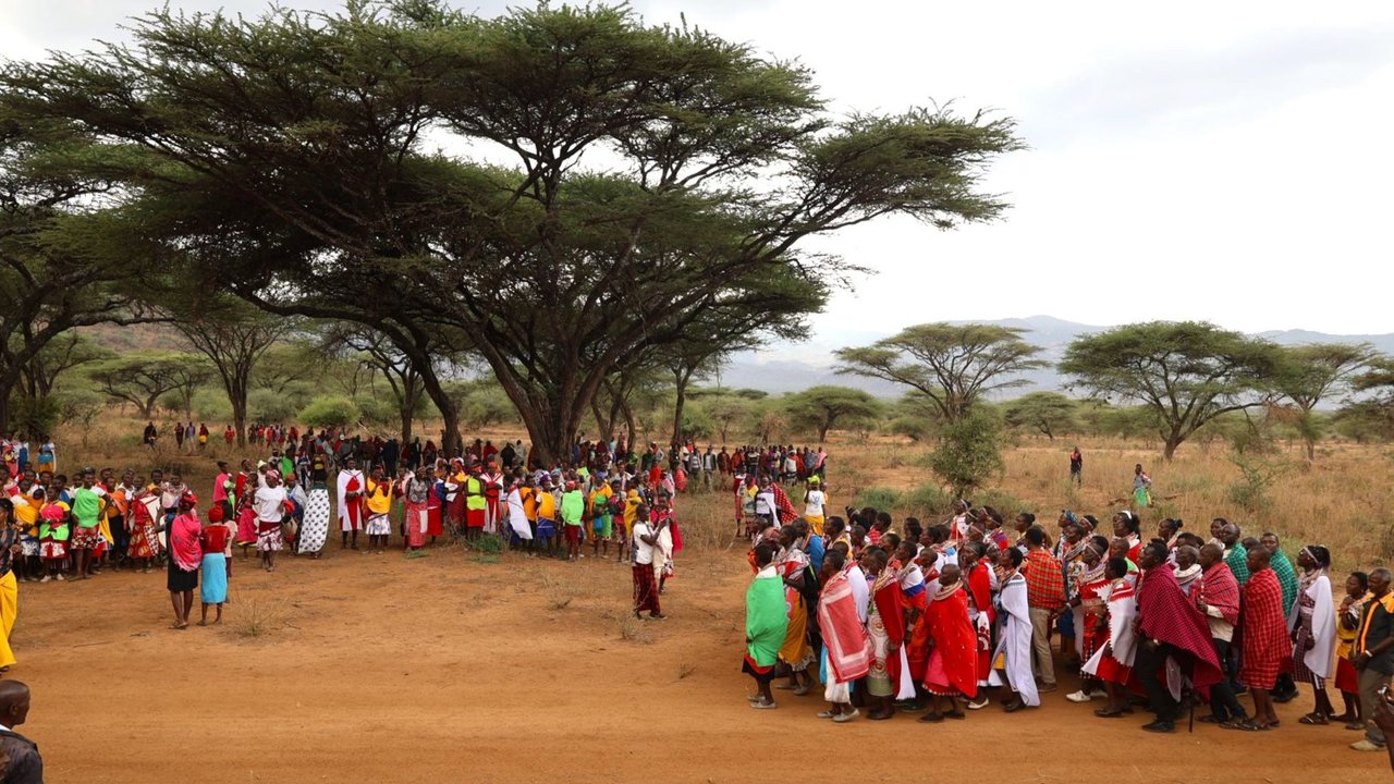 A large group of people in colorful clothing gathered under trees in a grassy area, with hills in the background.