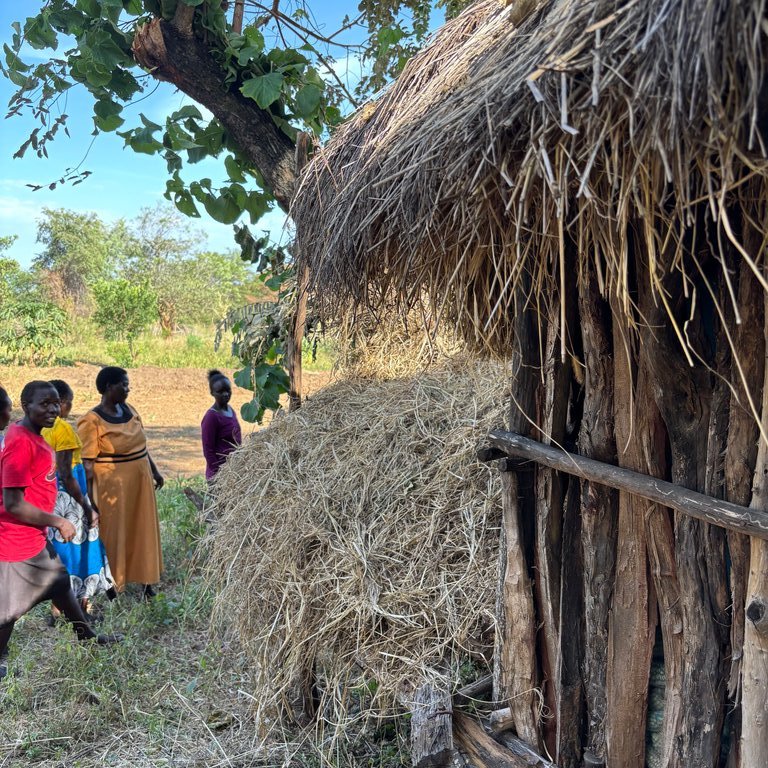 A thatched hut with wooden walls, surrounded by greenery and several people in traditional clothing nearby.