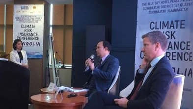 Panelists discussing the role of stakeholder platforms. Left to right: Diana Almoro, RFPI Asia III Senior Advisor;Ulziibold Yadamsuren, National Disaster Risk Reduction and Climate Change Adaptation Expert; Dirk Reinhard, Vice Chairman, Munich Re Foundation