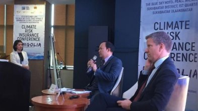 Panelists discussing the role of stakeholder platforms. Left to right: Diana Almoro, RFPI Asia III Senior Advisor;Ulziibold Yadamsuren, National Disaster Risk Reduction and Climate Change Adaptation Expert; Dirk Reinhard, Vice Chairman, Munich Re Foundation