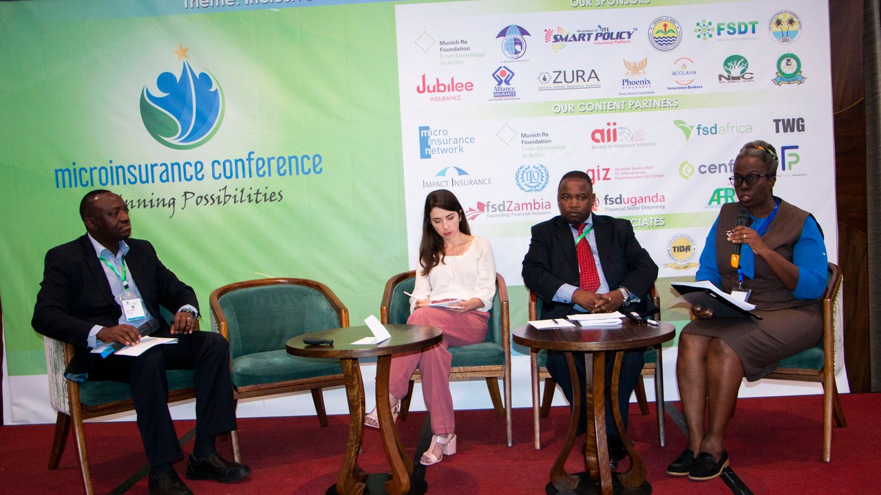 Left to right: Lemmy Manje, Finprobility Solutions, Zambia; Camyla Fonseca, ILO’s Impact Insurance Facility, Switzerland; Sosthenes Kewe, FSDT, Tanzania and Juliet Kugonzebwa Tumuzoire, FSD, Uganda discussing the future of insurance in Eastern and Southern Africa from the donors’ perspective.
