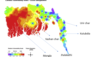 The map shows the 5 localities initially selected for the RISK Award project. The vulnerability index is developed under the auspice of the research grant from the European Union Seventh Framework Programme FP7/2007–2013 under grant agreement no. 603864 (HELIX: High-End cLimate Impacts and eXtremes; http://www.helixclimate.eu) (Reference: Uddin et al., 2019).