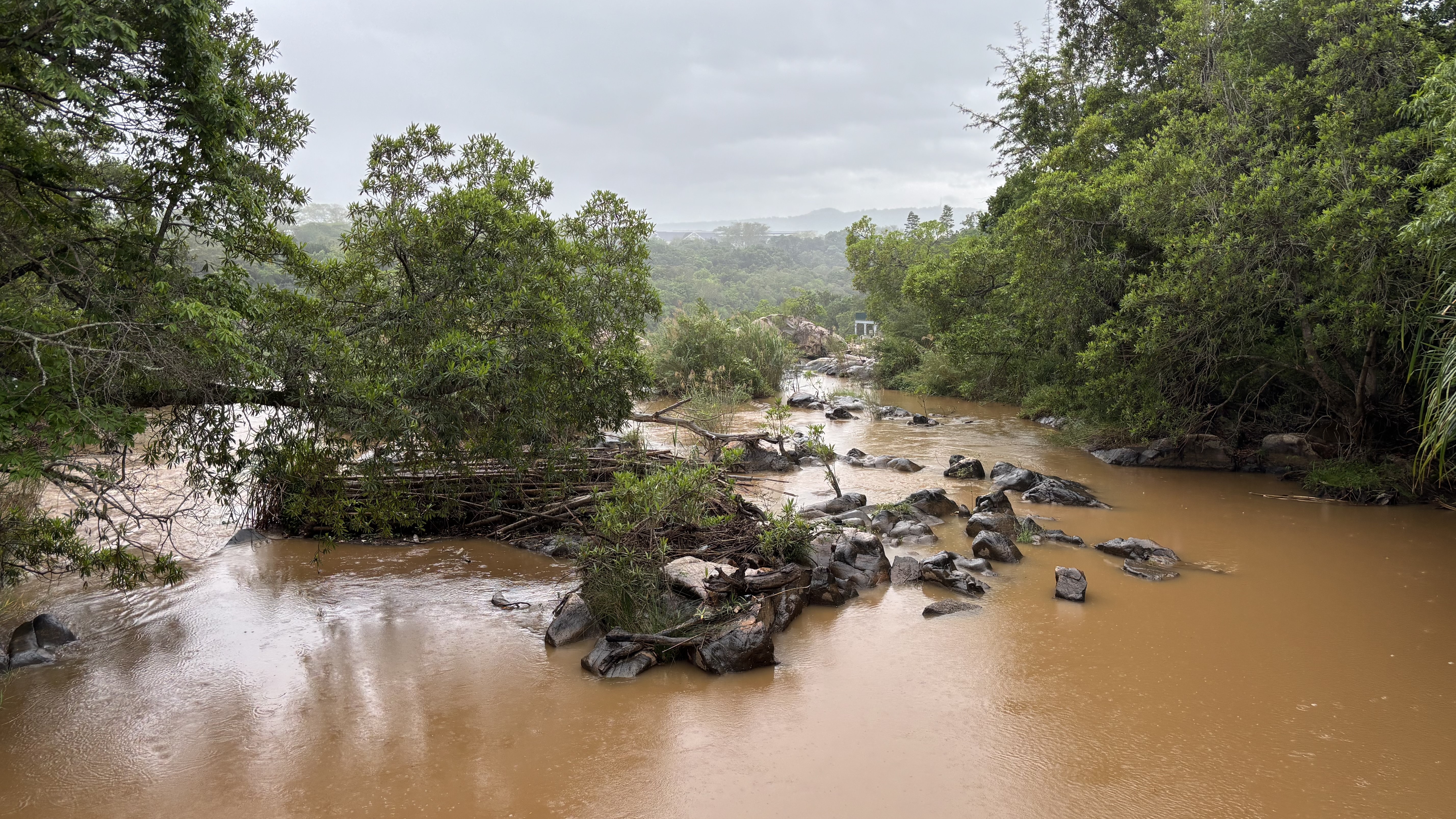 A muddy river flows through a lush green landscape with rocks and trees on either side under a cloudy sky.