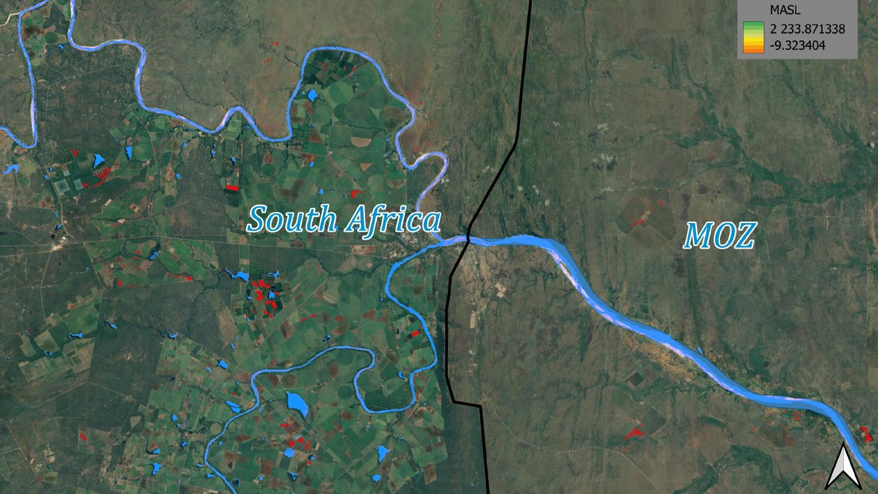 New agricultural areas highlighted in red (2015 – 2024) as identified by the trained model in the Inkomati Basin.