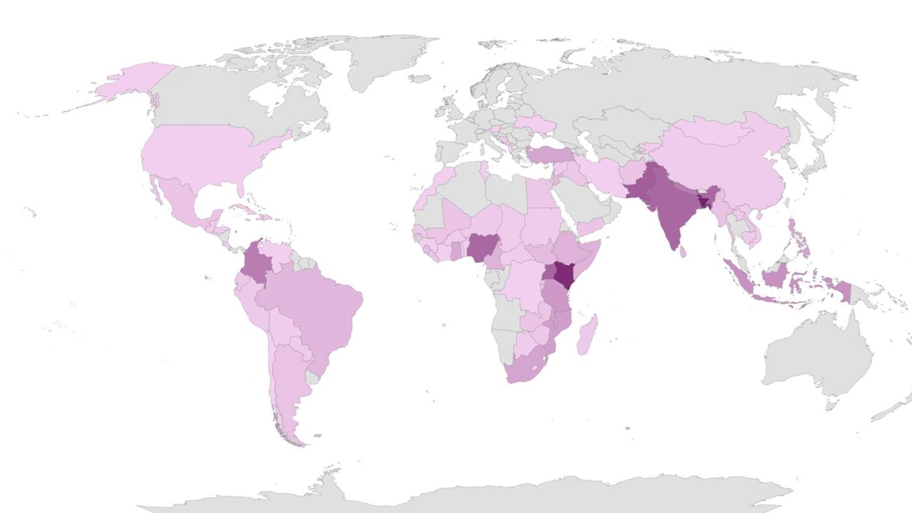 A world map showing countries shaded in varying shades of pink and purple, indicating different data levels.