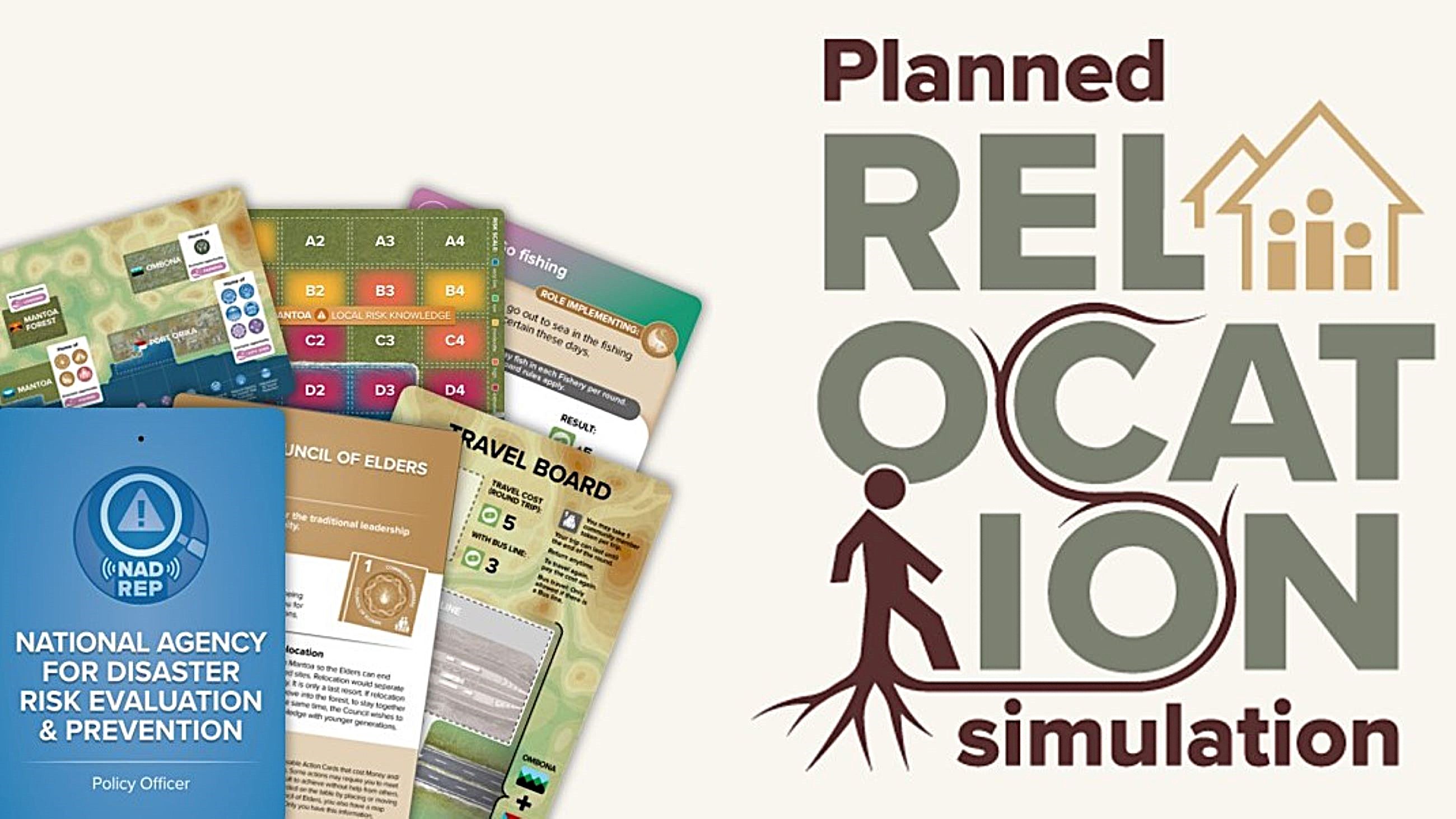 A collection of game cards and a logo for a planned relocation simulation titled "Planned Relocation Simulation.